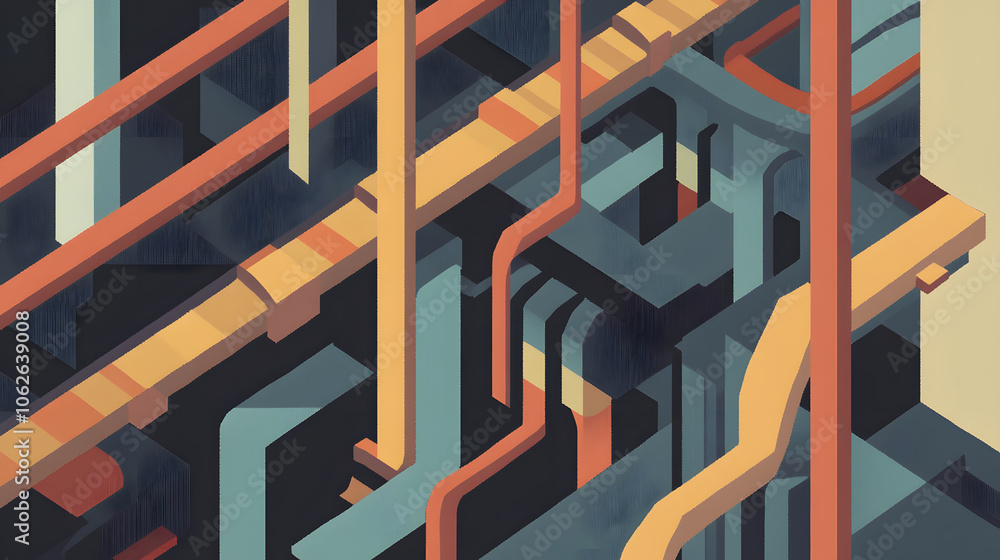 Poster a vibrant, abstract illustration featuring intricate, interconnected lines and pipes in contrasting 