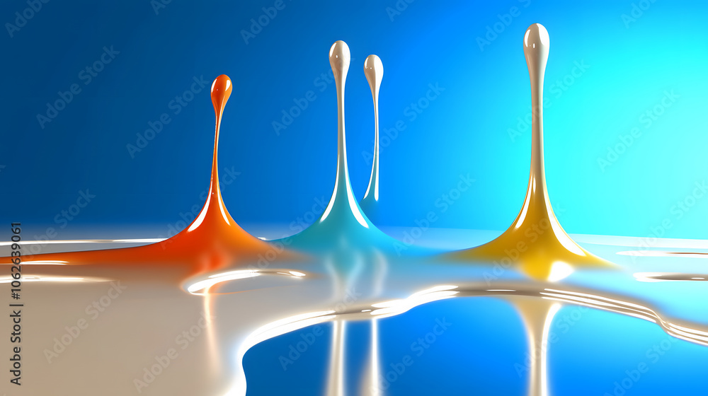 Poster Colorful paint droplets splash against a smooth, reflective surface, creating a vibrant and dynamic visual contrast with a blue background.