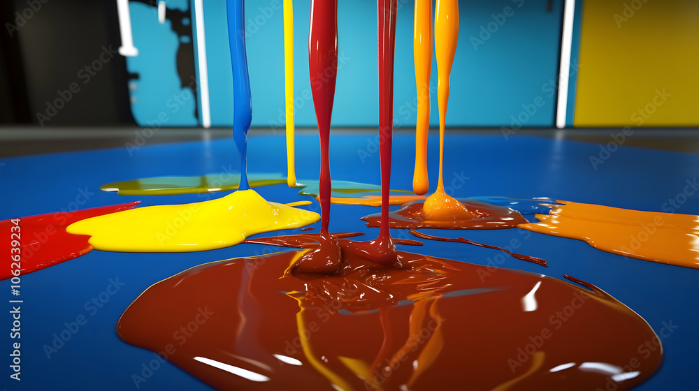 Aufkleber Dripping paint in vibrant colors creates a dynamic and artistic display on a smooth blue surface, inviting creativity and expression.