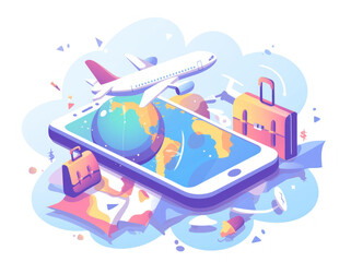 Illustration of World Map on Phone Screen with Airplane and Suitcase