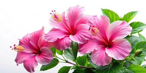 Obraz premium Wide-angle pink hibiscus flowers with green leaves on a white background