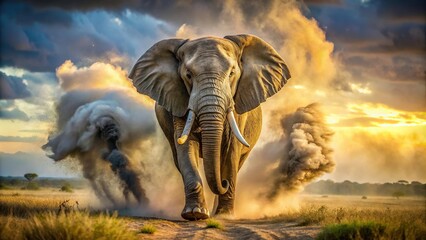 Fototapeta premium A massive elephant bull charging through the savannah, its tusks gleaming in the sunlight, causing a cloud of dust to erupt from its hooves, freedom, animal kingdom, wild, outdoors