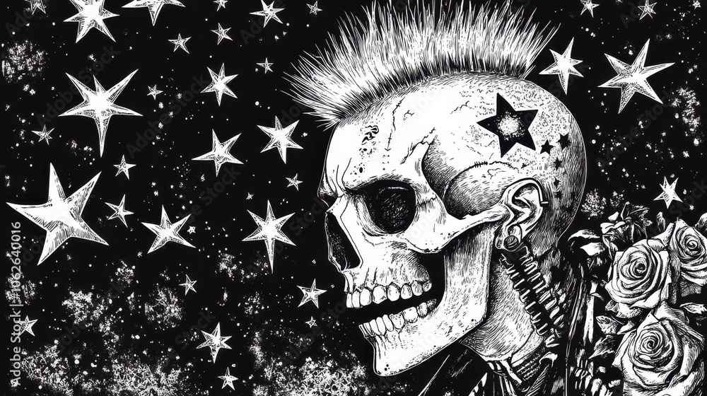Poster punk skull with a mohawk, surrounded by roses and stars, blending rebellious and gothic themes sketc