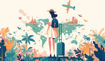 Obraz premium Illustration of a Woman with a Backpack and Suitcase Standing in Front of a World Map