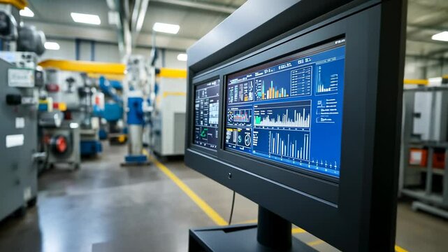 Industrial Control Panel with Graphs and Data, factory, manufacturing, production, automation, monitor