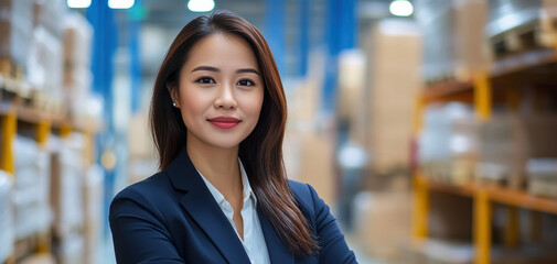Confident Businesswoman in Warehouse Setting, Showcasing Leadership and Professionalism