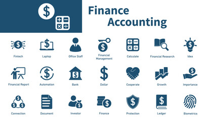Finance and accounting icon. Collection of solid vector icons on the topic of financial automation, money, financial data security, calculate, fintech.