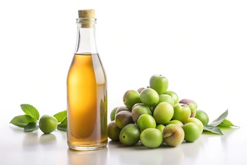 Wide-Angle Plum wine and unripe plums on a white background