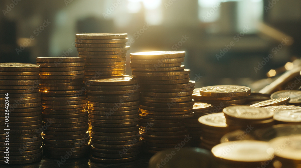Poster stacks of shiny coins illuminated by soft light in a warm, cozy atmosphere of a workshop