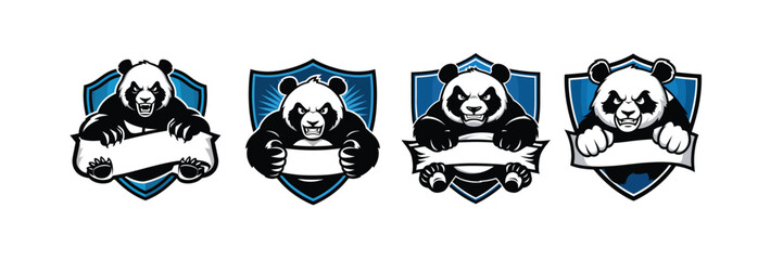 Fierce panda mascot logos with blue shield backgrounds, showcasing strength and aggression. Ideal for sports teams, gaming logos, or brands seeking a bold emblem.