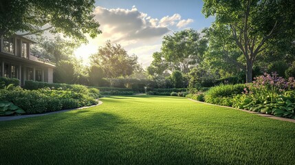Fototapeta premium Beautiful house backyard with fresh green grass