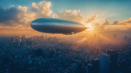 Fototapeta premium large airship floating above a city with modern buildings, under a deep blue sky with fluffy clouds