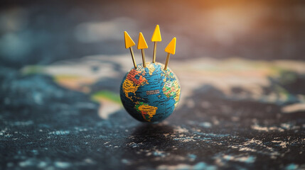A globe marked with arrows symbolizes global growth and expansion in a business context