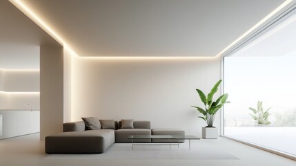 A light-filled room with a gray sectional sofa, a plant, and large windows. Modern and minimalist style