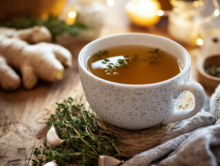 Healthy selection of immune-boosting ingredients, garlic, ginger, and greens