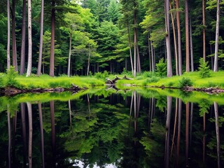 Obraz premium An aesthetically pleasing stock photo featuring a forest of dense pine trees with a backdrop of a serene lake, nature, foliage