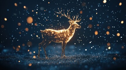 A sparkling golden reindeer figure illuminated against a dark, snowy background with bokeh lights, creating a magical and festive holiday atmosphere.