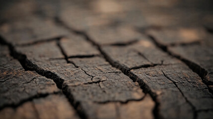 Obraz premium A close-up macro photograph of a textured tree bark surface, revealing rough, rugged patterns with deep grooves and subtle ridges. The background is softly blurred, bringing attention to the unique