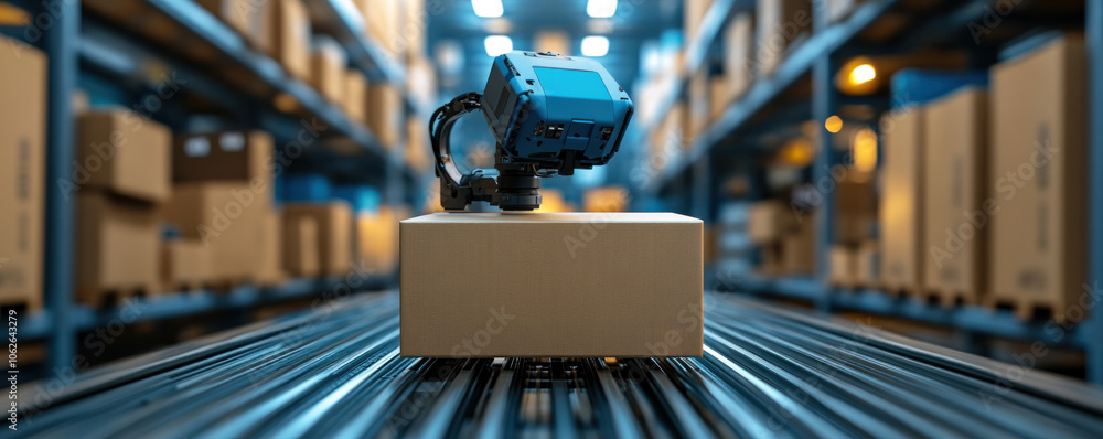Poster a robot is standing on a cardboard box in a warehouse. the robot is equipped with a camera and is li