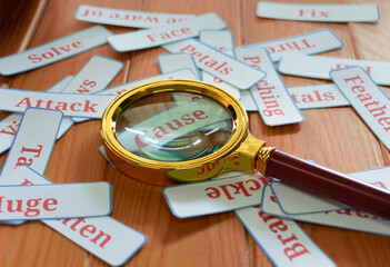 pile of word cards on table