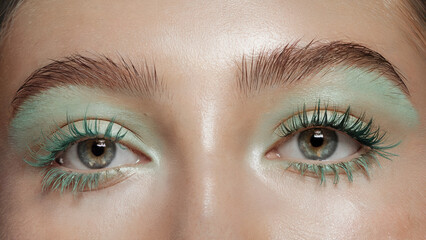 Obraz premium Pastel Teal Mascara, Gentle Modernity: Lashes are adorned with pastel teal mascara, giving a soft, modern vibe
