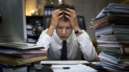 Overwhelmed at Work: A close-up of a person sitting at their cluttered desk, head in hands, surrounded by stacks of paperwork and a glowing computer screen