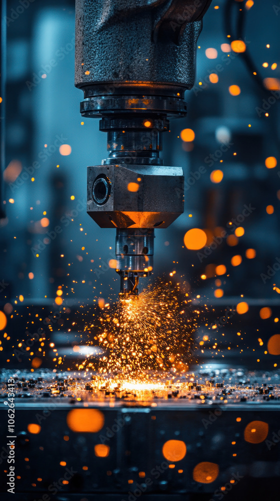 Poster a machine is spewing sparks and the image has a mood of chaos and destruction. the sparks are flying