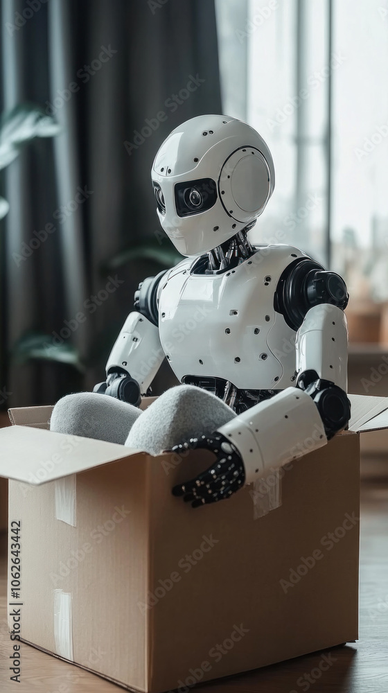 Poster a robot is sitting inside a cardboard box. the robot is white and has a black face. the robot is sit