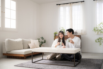 飲み物を持ってテレビを見る、部屋でくつろぐカップル　広角