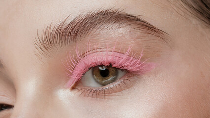 Obraz premium Playful Pink Mascara, Soft Minimalism: A close-up shot of an eye with soft pink mascara, creating a playful yet gentle look