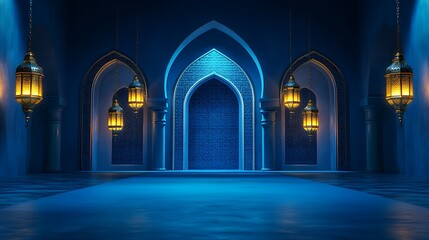 Fototapeta premium 3D rendering of a Ramadan Kareem background with an Islamic arch and lanterns hanging on the wall in a night mosque interior. (