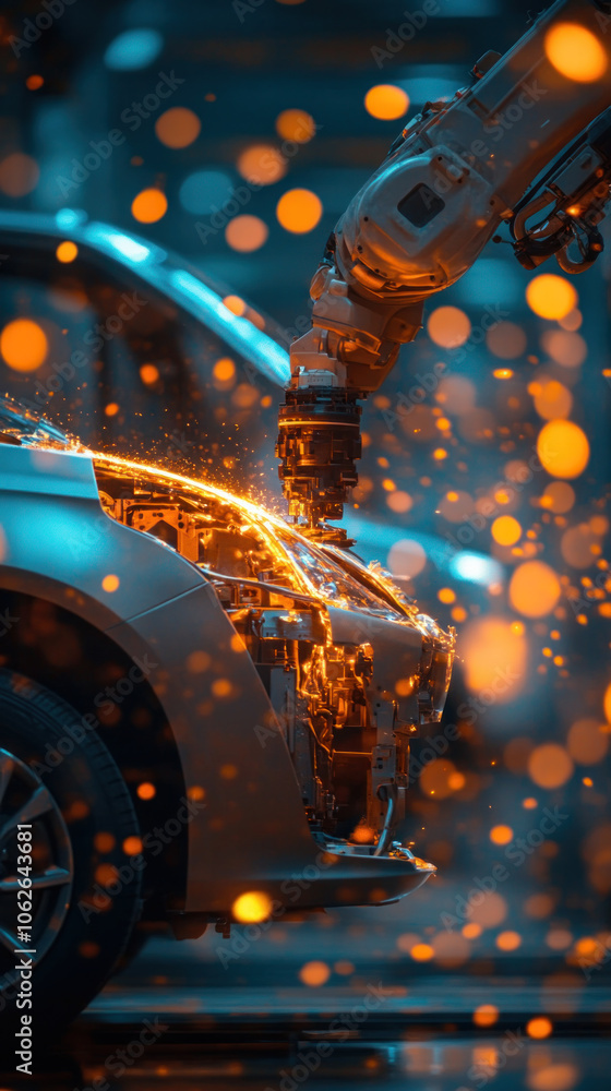 Aufkleber a robot is working on a car, and the car is surrounded by sparks. the scene is set in a factory, and