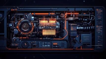 Fototapeta premium Car engine in orange light isolated on black background.