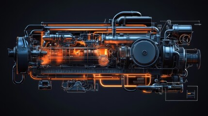 3d rendering of a car engine in a dark room with neon lights.