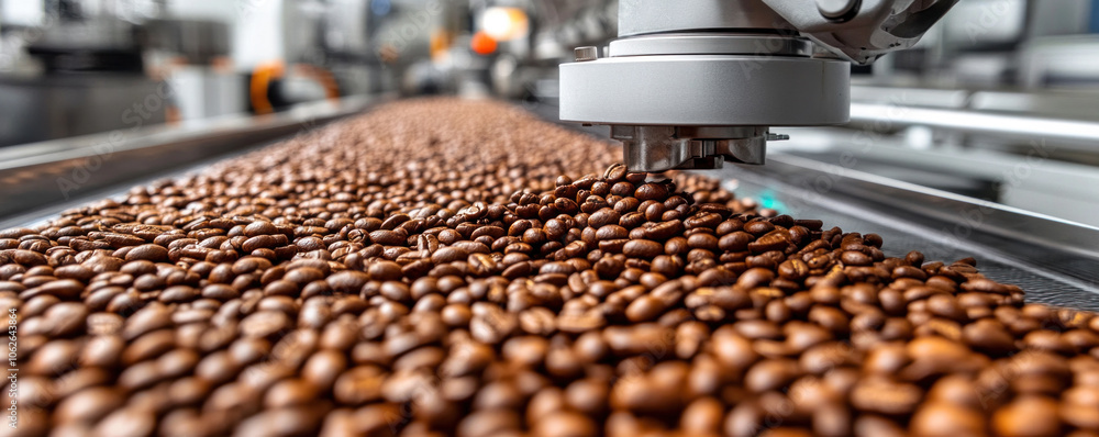 Poster a machine is scooping up coffee beans from a conveyor belt. the beans are piled high and the machine