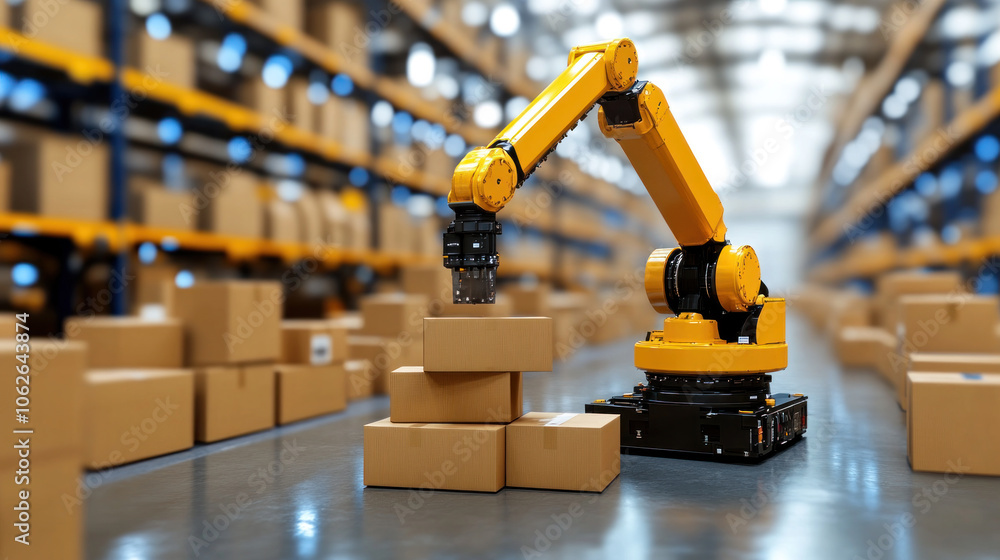 Poster a robot is in a warehouse, picking up boxes. the robot is yellow and has a claw on its end