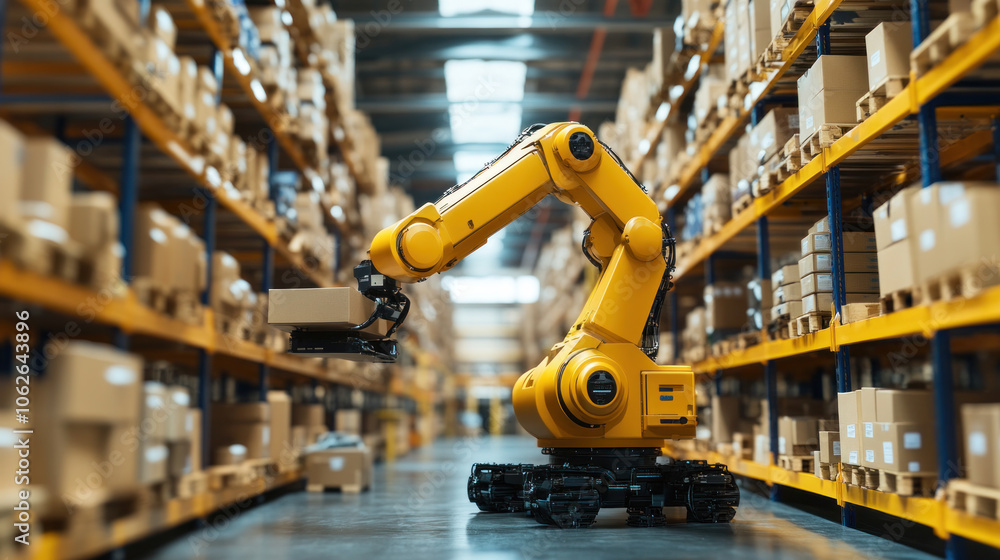 Poster a yellow robot is in a warehouse, picking up a box. the robot is designed to be efficient and precis