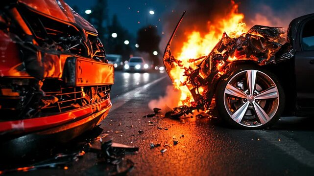 Car Accident Fire, flames, burning, wreckage, damage, crash