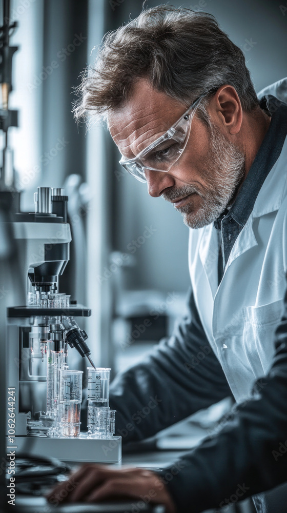 Poster a man in a lab coat is working on a computer. he is wearing safety glasses and a lab coat
