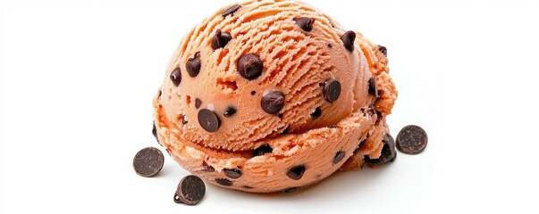 A scoop of chocolate chip cookie dough ice cream, creamy and dotted with chocolate chips, set against a plain white background.