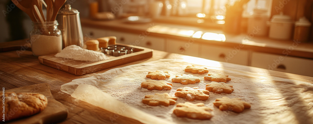 Poster a table with a tray of cookies and a jar of sugar. the cookies are arranged in a pattern on a piece 