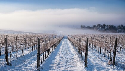 Fototapeta premium Serene Snow-Covered Vineyard Landscape
