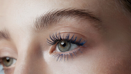 Obraz premium Stylish Minimalism, Blue Mascara: A close-up shot of an eye adorned with vibrant blue mascara on naturally long lashes
