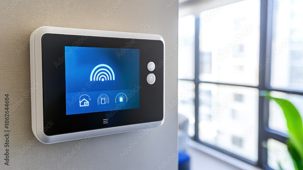 Poster a smart home device with a blue screen that says 