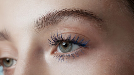 Obraz premium Stylish Minimalism, Blue Mascara: A close-up shot of an eye adorned with vibrant blue mascara on naturally long lashes