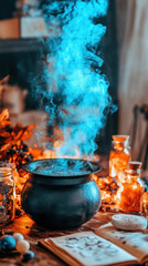 A blue smoke is coming out of a black pot. The pot is on a table with other items such as a book, a vase, and a bottle