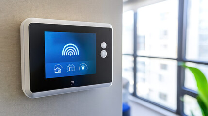 A smart home device with a blue screen that says "smart home" on it. The device is mounted on a wall and is connected to a window