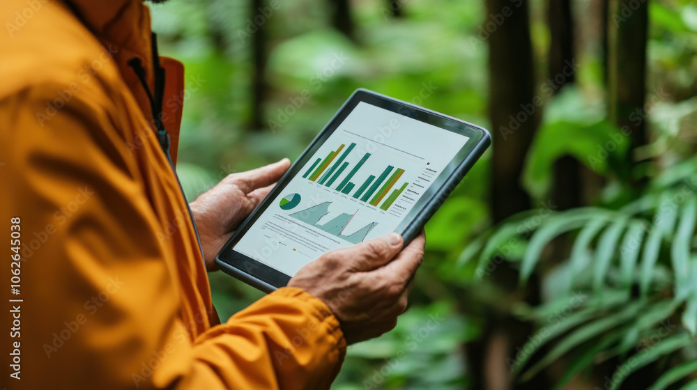 Poster a person is holding a tablet with a graph on it. the graph shows a downward trend, which could indic