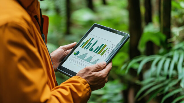 A person is holding a tablet with a graph on it. The graph shows a downward trend, which could indicate a decrease in sales or a decline in a particular metric