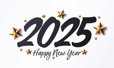 Happy New Year 2025 with calligraphic and brush painted text. Vector illustration background for new year's eve and new year resolutions and happy wishes with stars and balls christmas elements